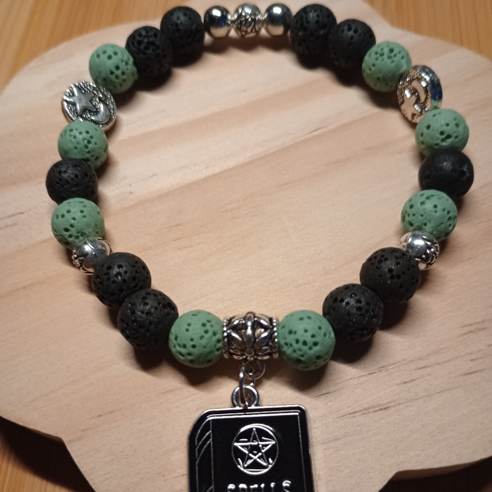 Witchy Spell Book Charm And Lava Stone Beaded Bracelet - Lt Green and Black